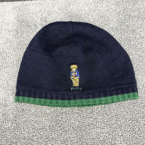 Polo Ralph Lauren Hat & Scarf Teddy Bear Navy Blue Green knit Cotton 8-20 Youth - Picture 3 of 15